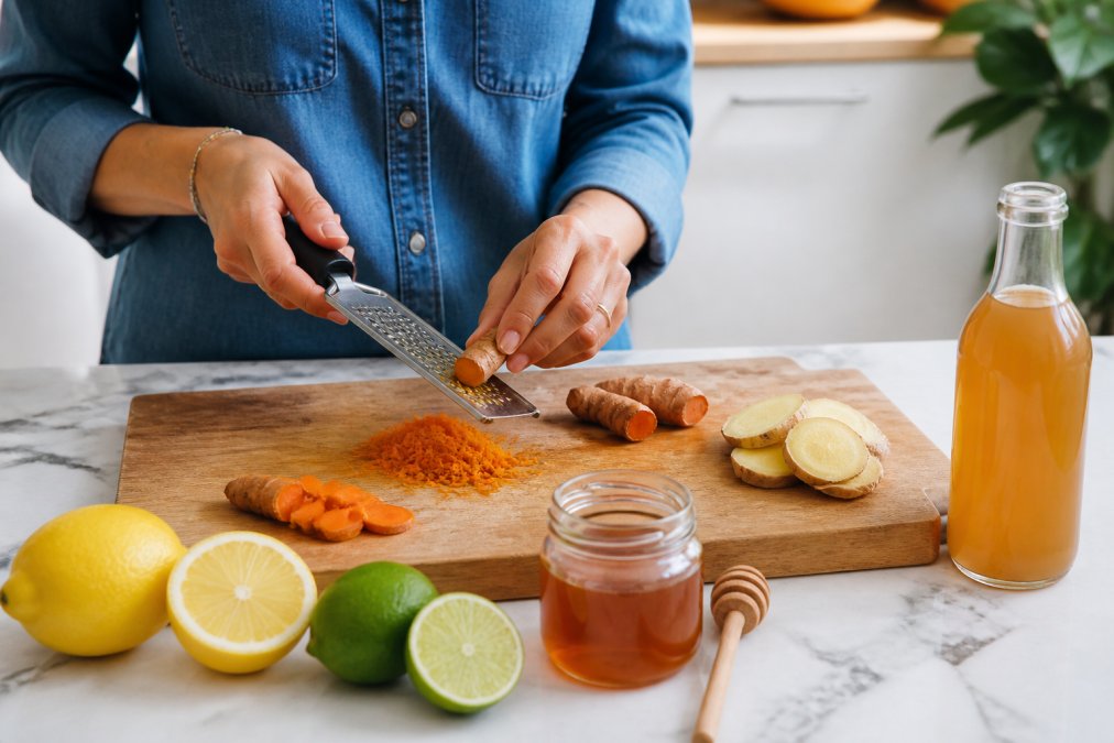 Hands grating fresh turmeric root and slicing ginger on a wooden cutting board, surrounded by fresh lemon and lime halves, a glass jar of raw honey, and a bottle of apple cider vinegar in natural kitchen lighting
