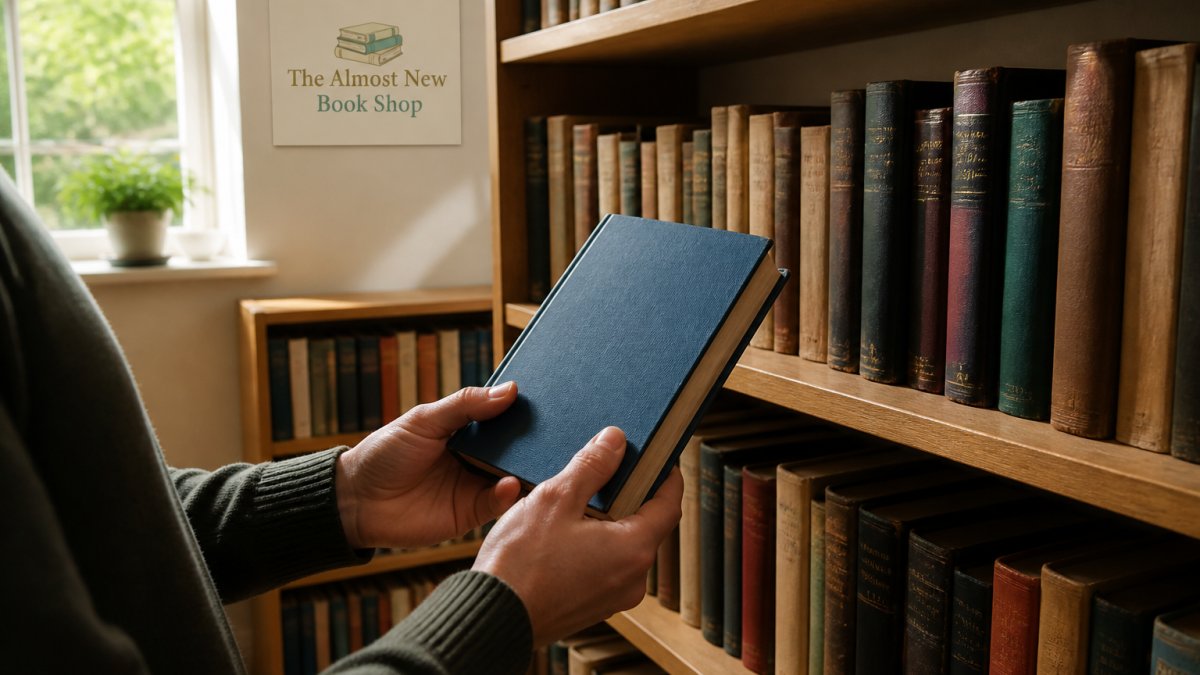Hands holding a well-preserved hardback book on a wooden shelf filled with a curated collection of pre-owned volumes.