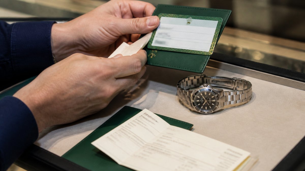 Close-up of hands examining a pre-owned luxury watch warranty card and original purchase receipt alongside the timepiece on a clean jewellery counter