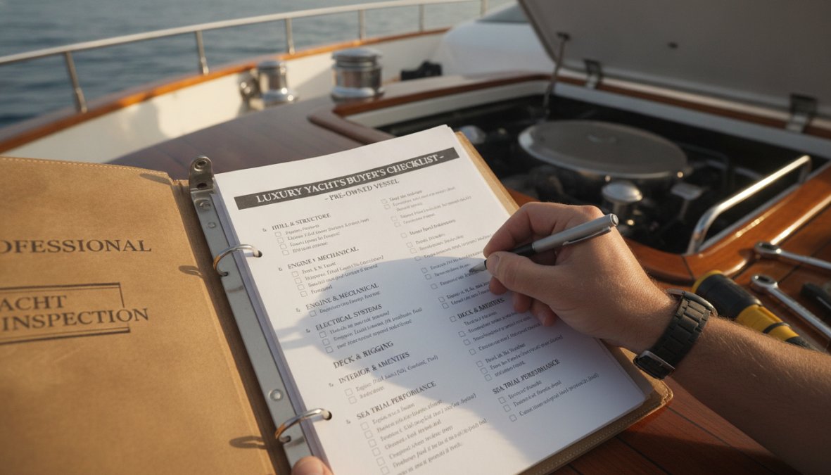 Professional marine surveyor conducting detailed inspection of luxury motor yacht's exterior hull, examining gelcoat condition and structural integrity with moisture meter in bright natural light