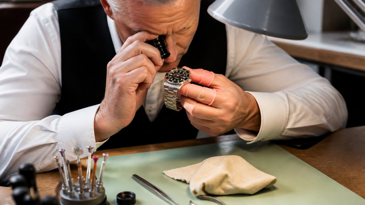 Jeweler using a loupe to inspect a stainless steel watch dial and case on a workbench with tools