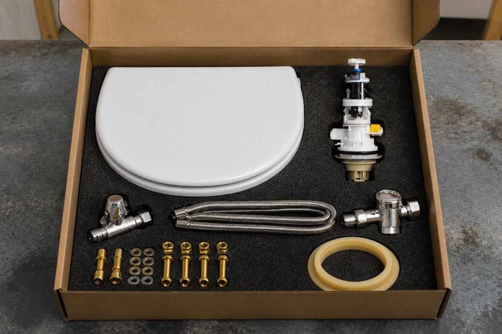 Close-up of an open pre-packaged bathroom maintenance kit laid out on a workbench, showing OEM-grade plumbing parts including faucet components, toilet repair parts, and labeled bags organized neatly inside a cardboard box