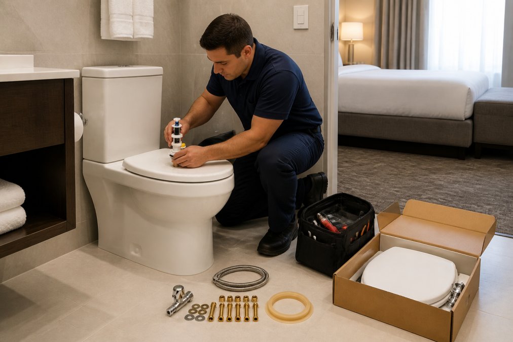 A hotel maintenance technician in a uniform efficiently working on a bathroom fixture in a clean, modern hotel room, with a toolkit and parts box visible on the floor nearby