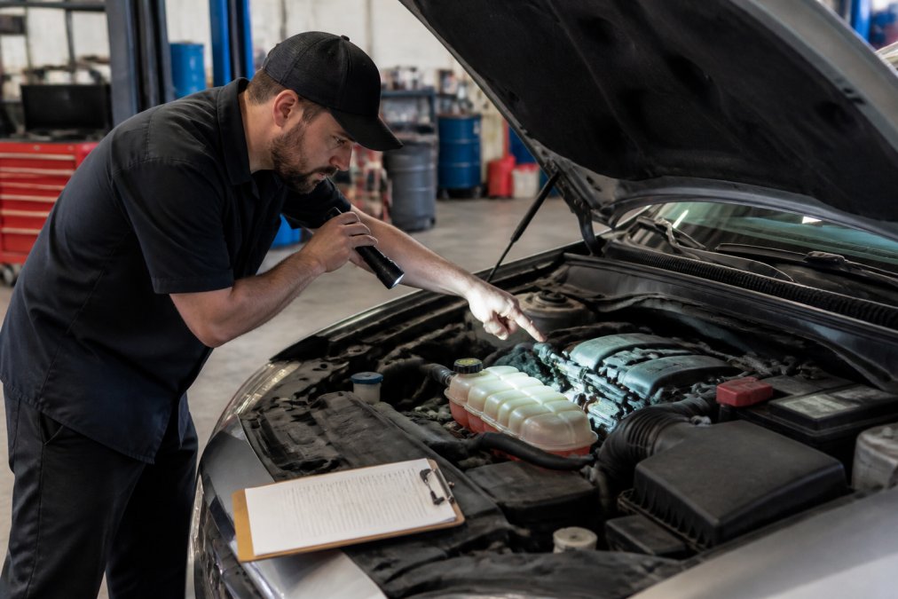 Mechanic using a flashlight to perform a pre purchase inspection on a used sedan engine bay
