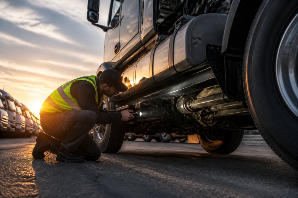 Pre Purchase Inspection for Fleet Trucks: 2026 Guide Inspector in a safety vest performing a pre purchase inspection for fleet trucks by checking a semi undercarriage
