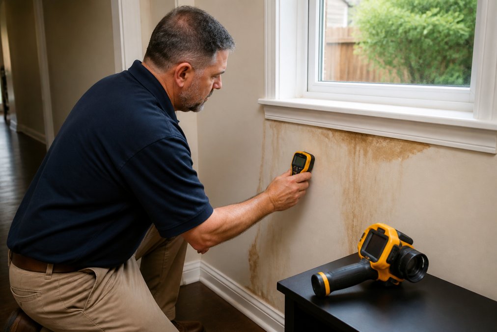 Inspector using a moisture meter to identify water damage during a pre-purchase mold inspection on a home wall.