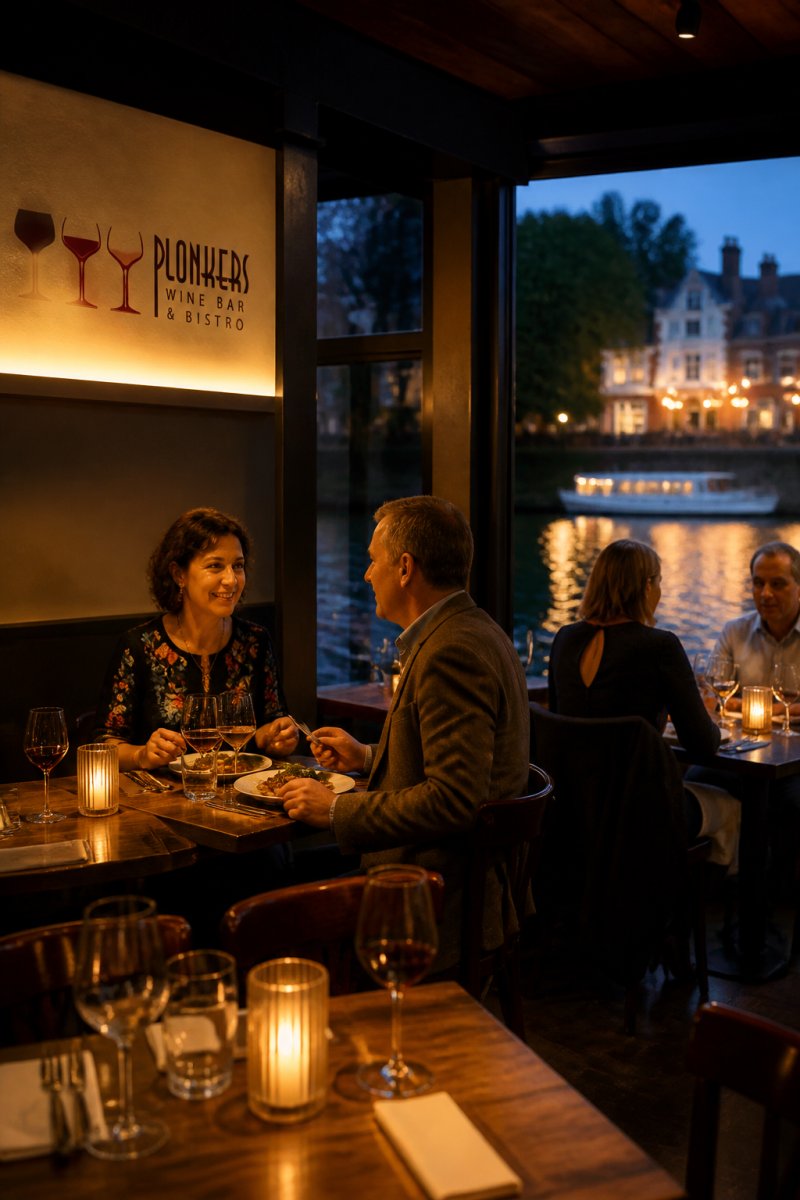 Warm candlelit bistro interior with intimate tables, diners enjoying meals, soft amber lighting reflecting off wine glasses, river views visible through windows in background