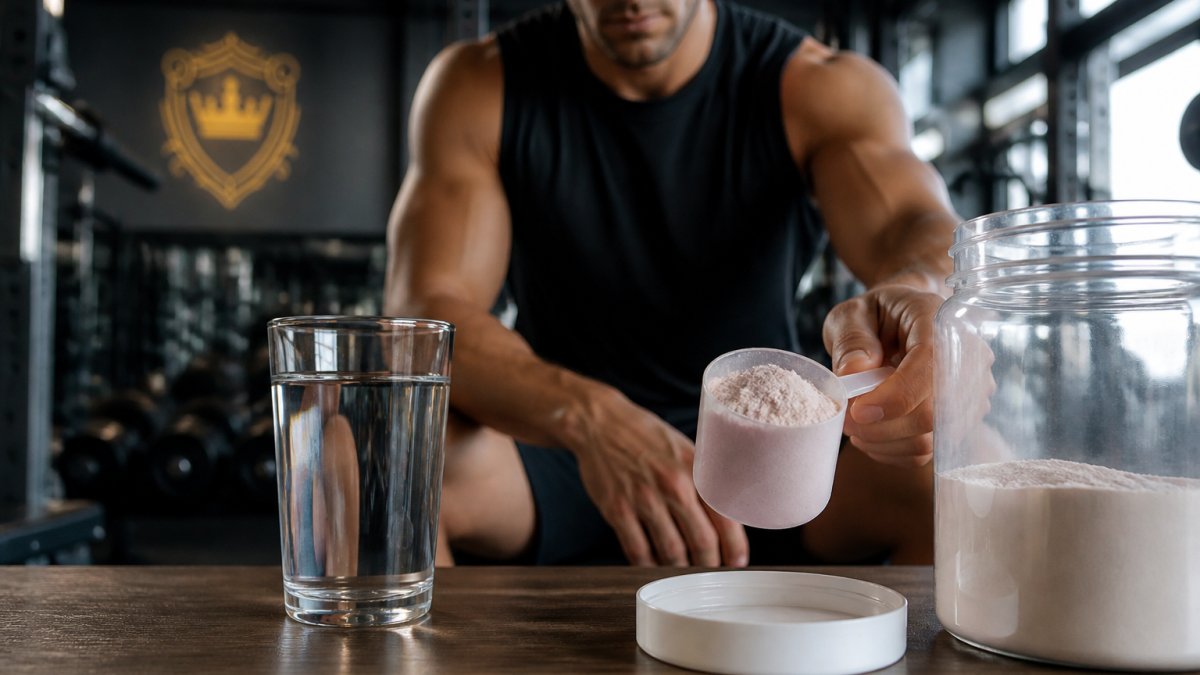 Scoop of supplement powder next to a glass of water with an athlete preparing to train in the gym background
