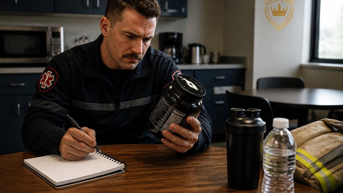 First responder reviewing a pre-workout supplement label in a break room, studying ingredient list with a notepad and pen nearby