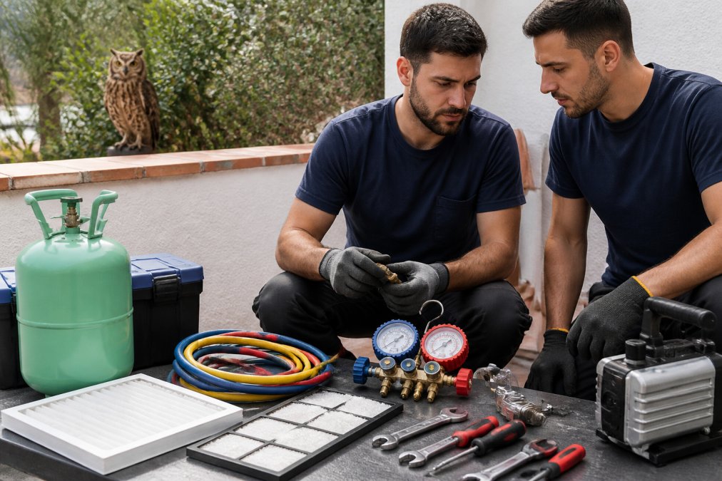 Herramientas de mantenimiento profesional organizadas sobre una mesa de trabajo limpia (filtros, refrigerante, manómetros), con una lechuza descansando vigilante en el fondo, simbolizando la vigilancia preventiva del sistema