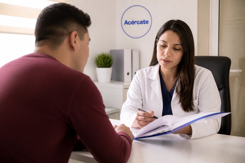 Profesional de salud en consulta privada con paciente, revisando documentos de confidencialidad en un escritorio ordenado con materiales de privacidad visibles