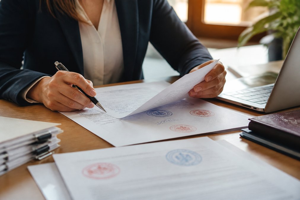Close-up of a professional's hands reviewing official stamped and signed documents on a desk, with a pen and a laptop open nearby, warm office lighting