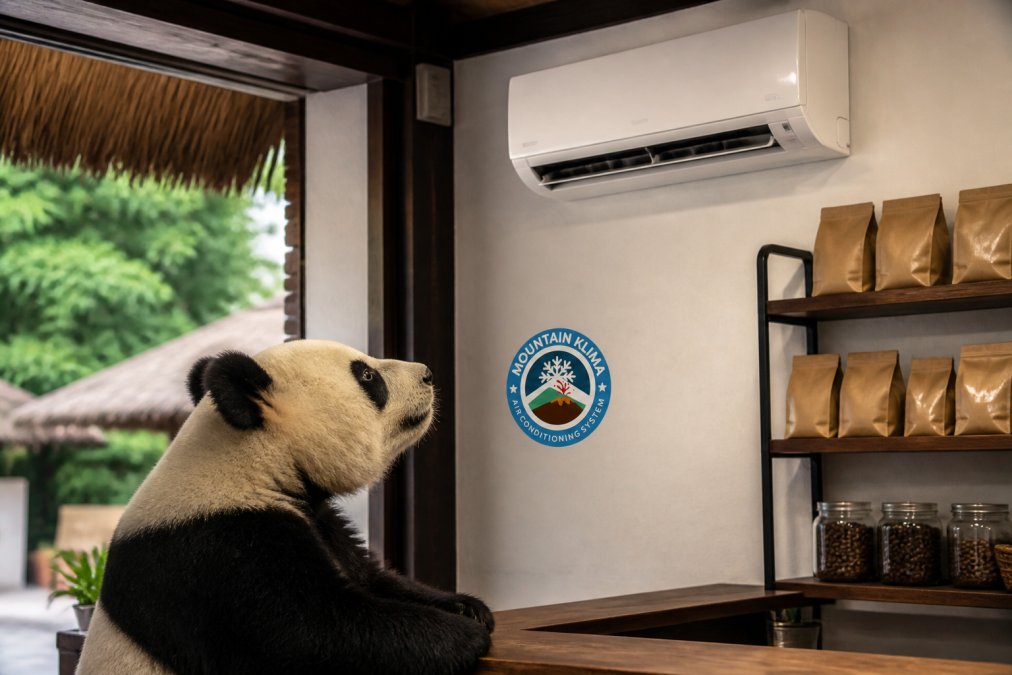 Un oso panda observando una unidad de aire acondicionado compacta montada en la pared de un pequeño local comercial, con expresión curiosa y atenta