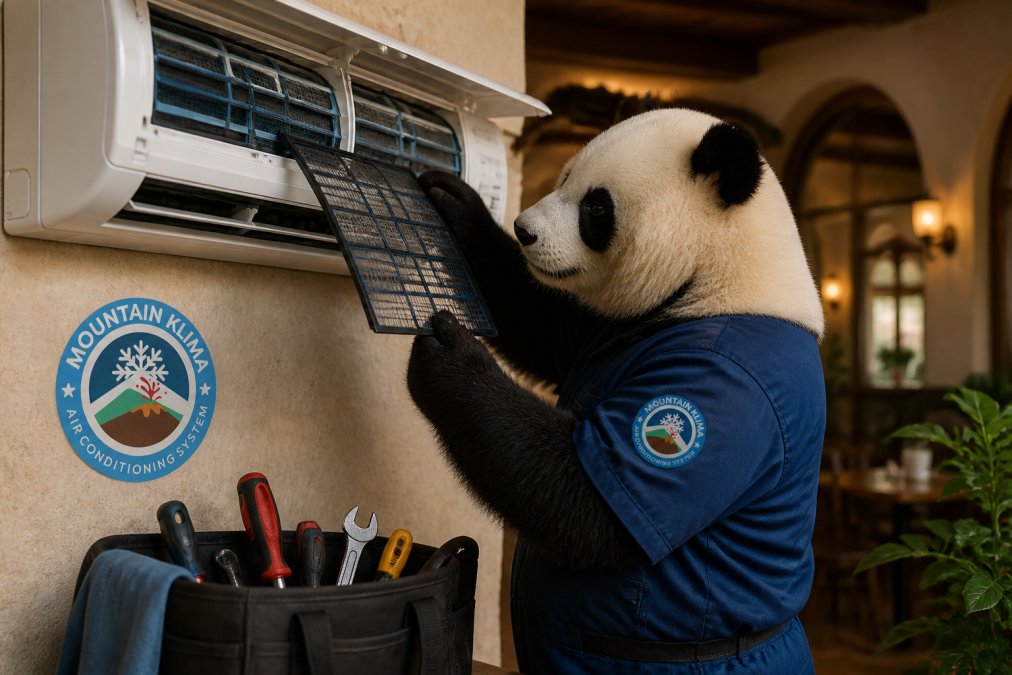 Un mono técnico inspeccionando meticulosamente los filtros y componentes internos de un sistema de aire acondicionado durante mantenimiento preventivo, con herramientas profesionales a su lado
