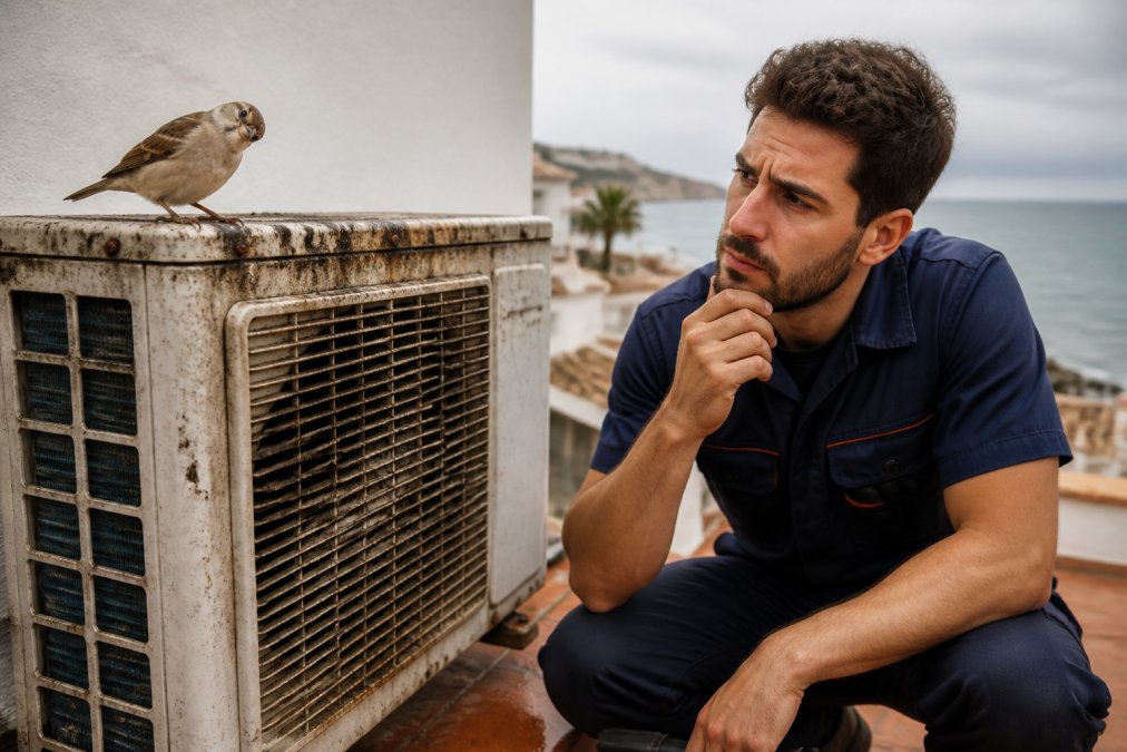 Pájaro observando una unidad exterior de mantenimiento aire acondicionado split con corrosión, suciedad y residuos costeros.