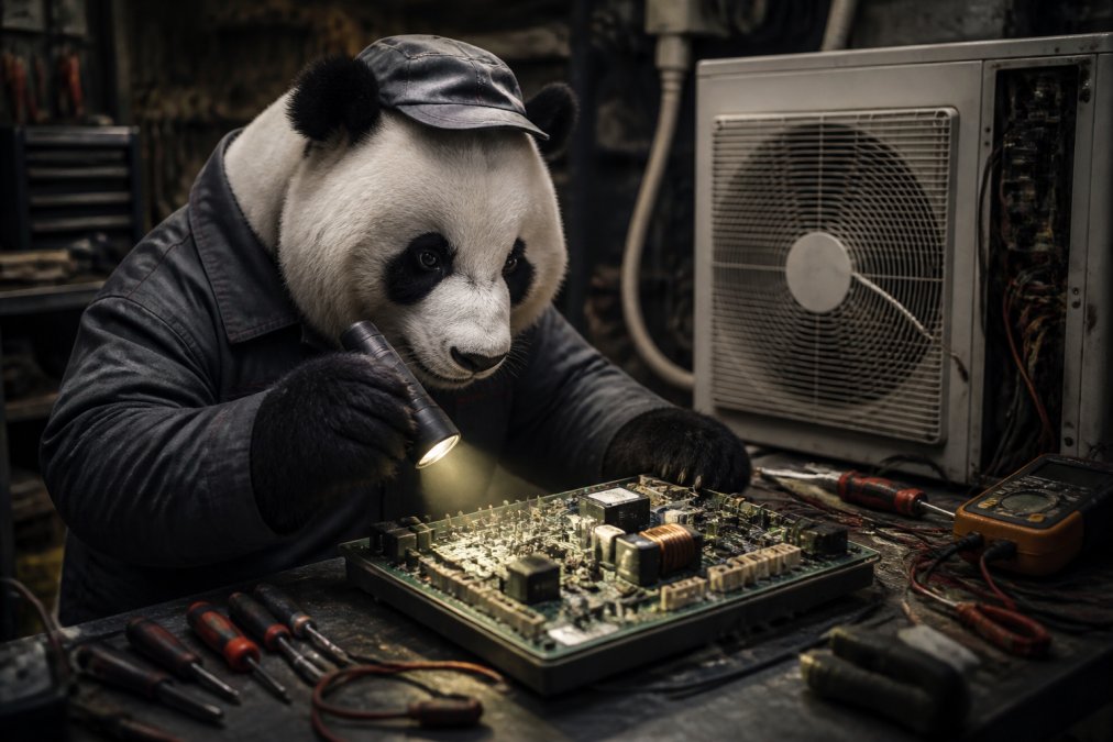 Un oso panda con mono de trabajo examina con una linterna una placa electrónica de aire acondicionado en un taller de climatización, con herramientas y cables alrededor
