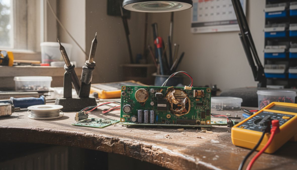 Close-up of a technician's hands carefully inspecting a damaged air conditioning circuit board on a clean workshop bench, with a digital multimeter, soldering iron, and component tweezers visible under bright task lighting