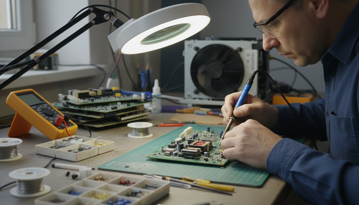A professional electronics technician in a tidy workshop carefully soldering an SMD component onto an air conditioning inverter control board, using a hot air rework station under a bright magnifying lamp, with component trays and an oscilloscope visible in the background