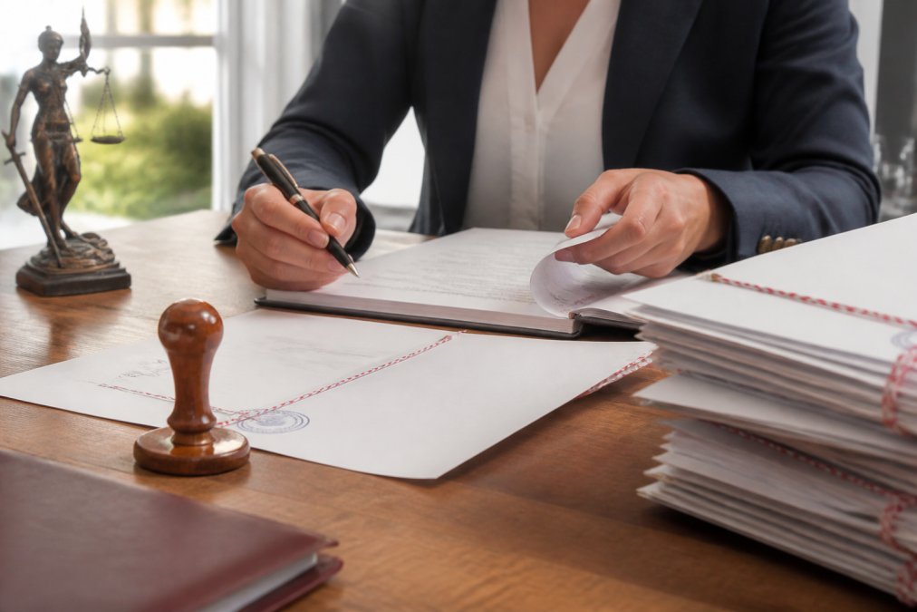 Profesional revisando documentos legales sobre un escritorio de madera con sello oficial visible, firma de traductor jurado, y documentos apilados bajo luz natural de ventana