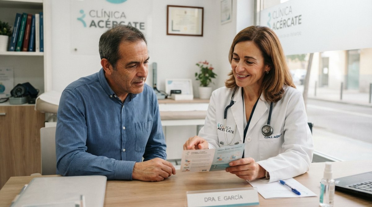 Médico en bata blanca explicando el precio vacuna herpes zóster a un paciente adulto en una consulta médica moderna.