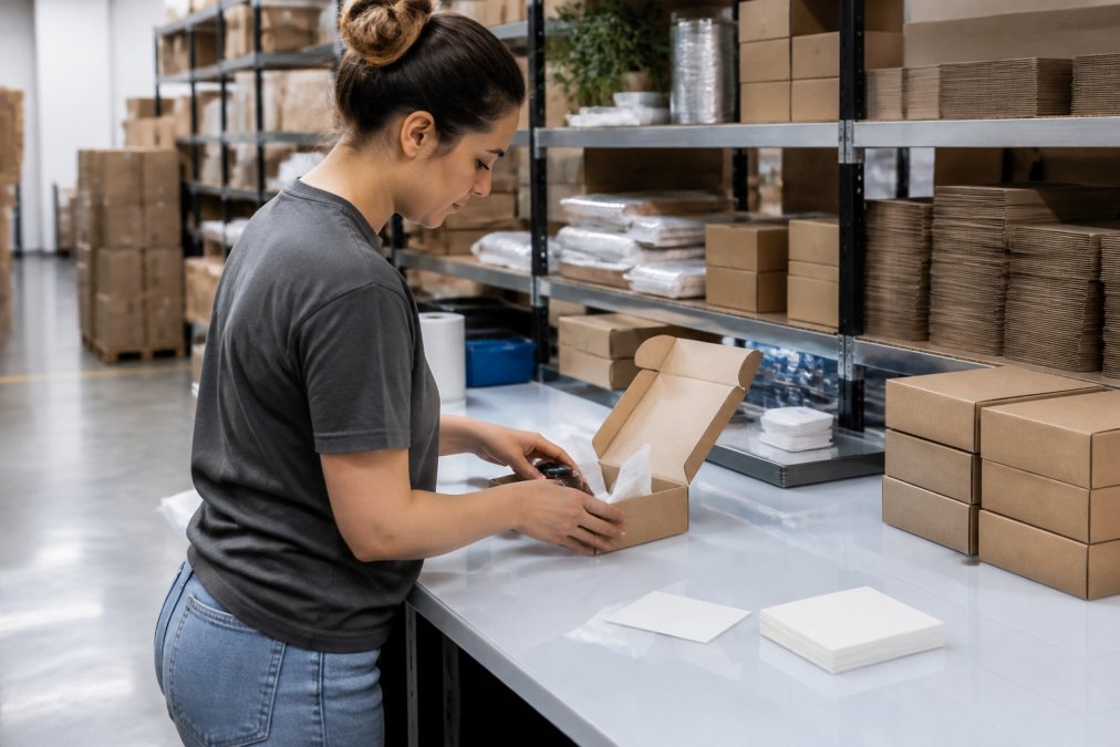 Step-by-step process for packing a DTC beauty order with branded materials and tissue paper in a warehouse.