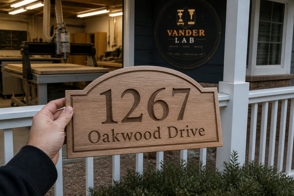 Close-up of a finished engraved wooden address sign held up against a front porch railing, with a CNC router visible in the blurred workshop background