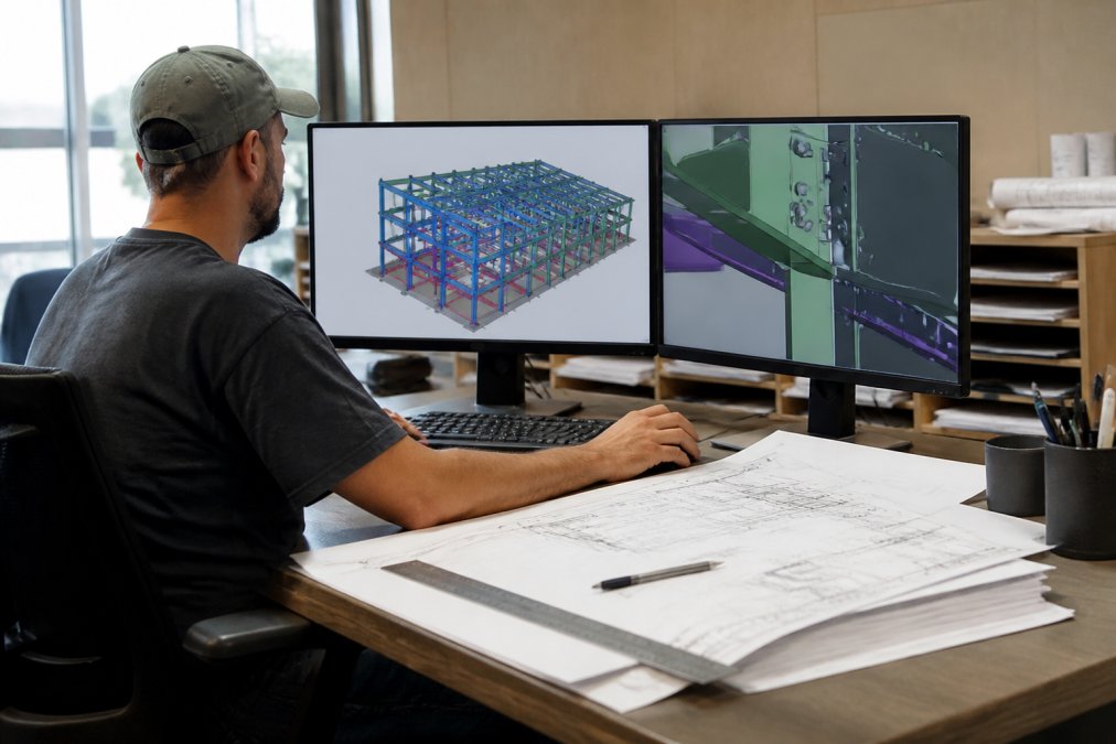 Steel detailer reviewing 3D BIM models on dual monitors for precision design in a fabrication office