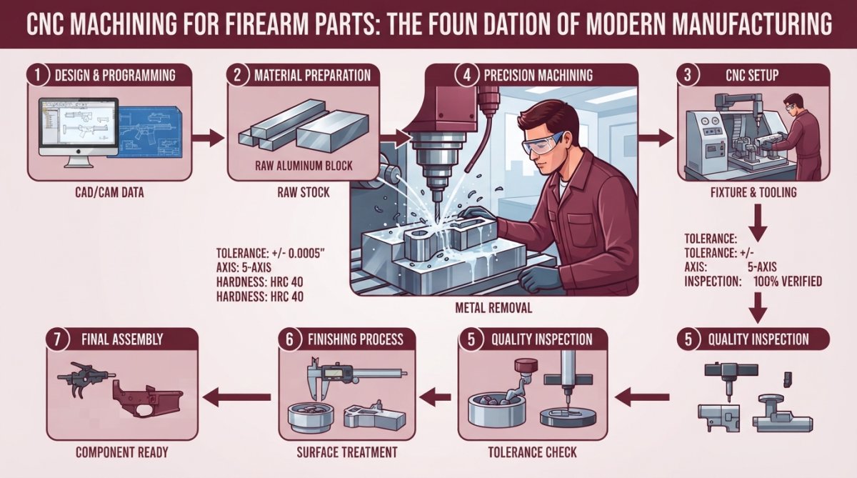 Professional machinist monitoring a precision CNC machine cutting a metal firearm component, with rotating spindle and coolant spray visible, showing the intricate cutting process in a modern manufacturing facility