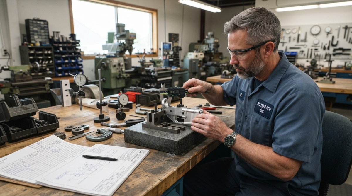 Quality control technician using precision calipers and measuring instruments to inspect a machined firearm component on a workbench, with inspection documentation and gauges visible in the background