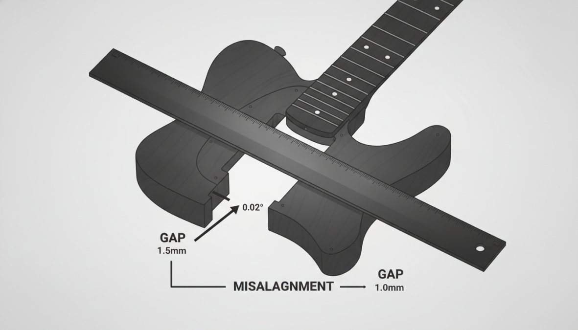 Close-up of a guitar neck pocket showing visible gaps between the heel and body pocket, with a straightedge demonstrating misalignment against the pocket wall
