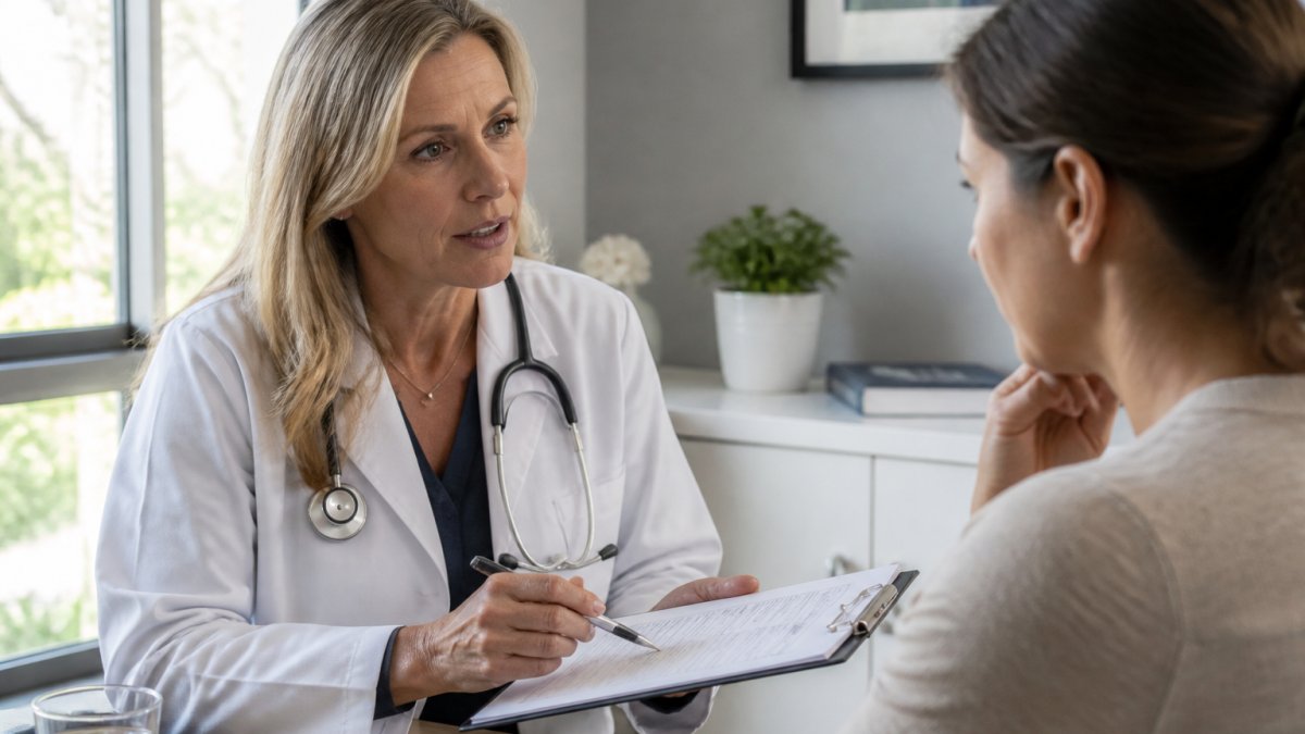 Professional physician discussing personalized health records with patient in modern clinical office, reviewing genetic and lifestyle data with natural window lighting