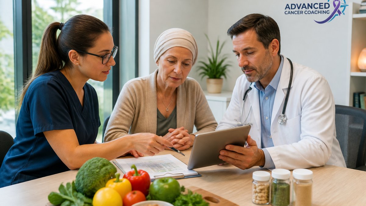 Healthcare provider and registered dietitian reviewing personalized nutrition plan with patient, examining lab results and biomarker data on tablet in modern clinical office with natural lighting