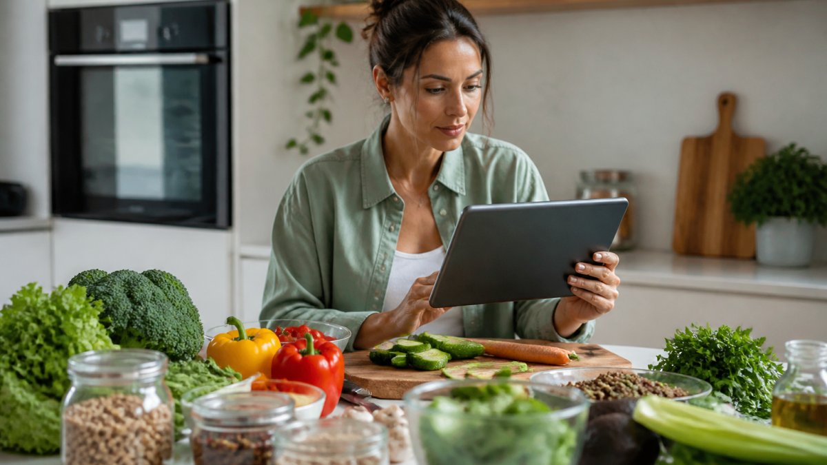 Woman in modern kitchen reviewing personalized nutrition plan on tablet while preparing fresh vegetables and whole grains