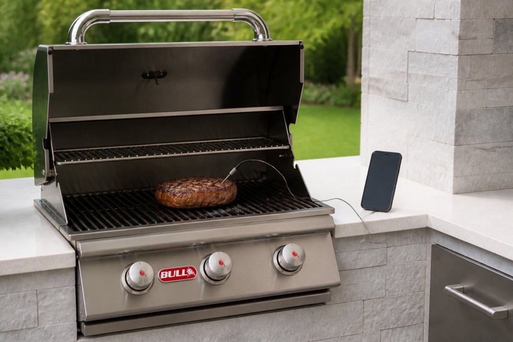 Outdoor kitchen scene showing a digital probe thermometer inserted into a thick steak on a grill grate, with a smartphone displaying real-time temperature readings positioned nearby on the counter