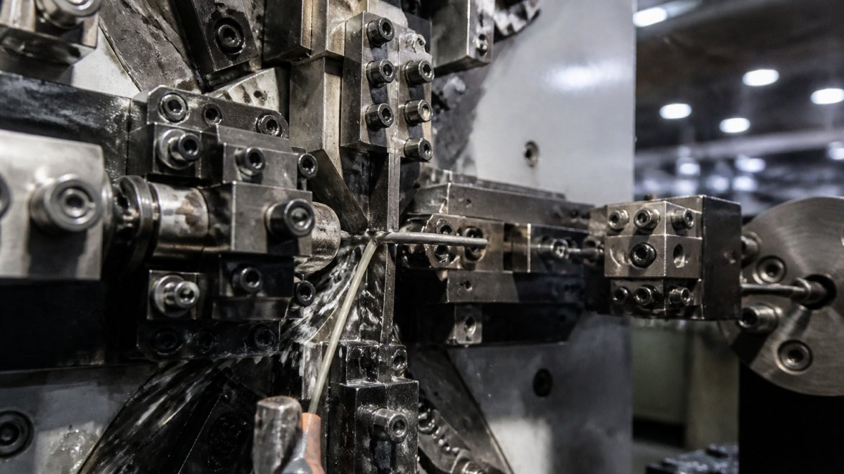 Close-up of precision wire forming machinery in operation, showing wire being shaped through metal dies with visible metal shavings and coolant spray, industrial workshop setting with overhead lighting