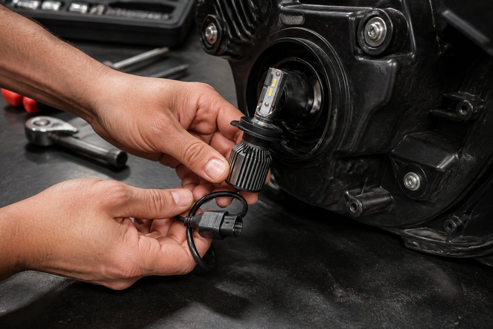 Mechanic's hands installing LED bulb into vehicle headlight housing with tools on workbench, showing plug-and-play connector alignment
