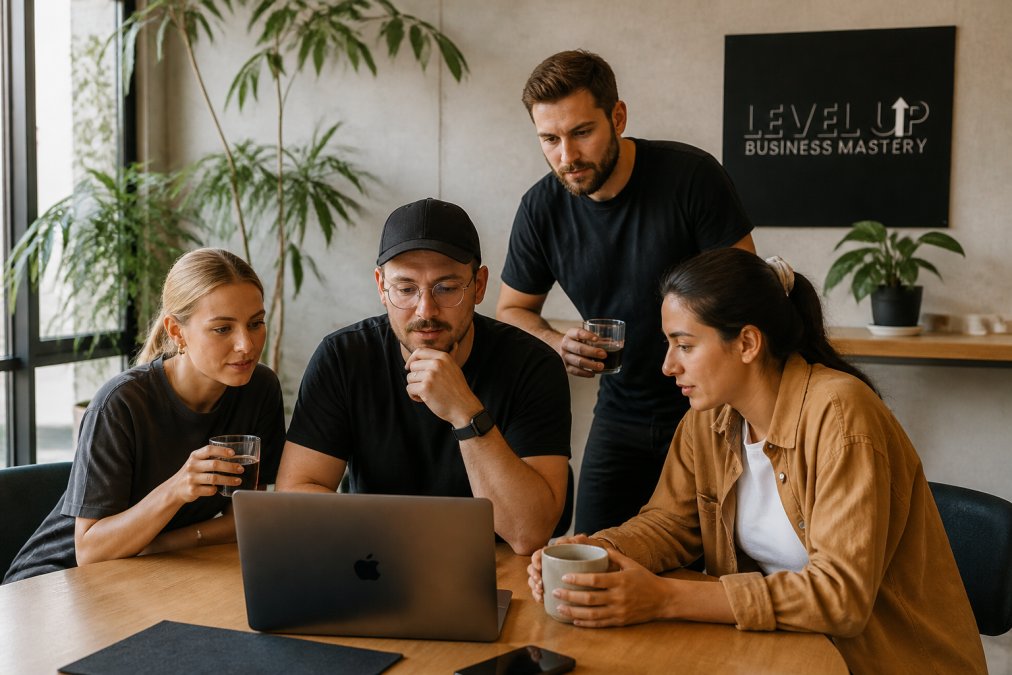Team of agency professionals reviewing lead generation metrics and pipeline data on multiple screens in a modern office setting