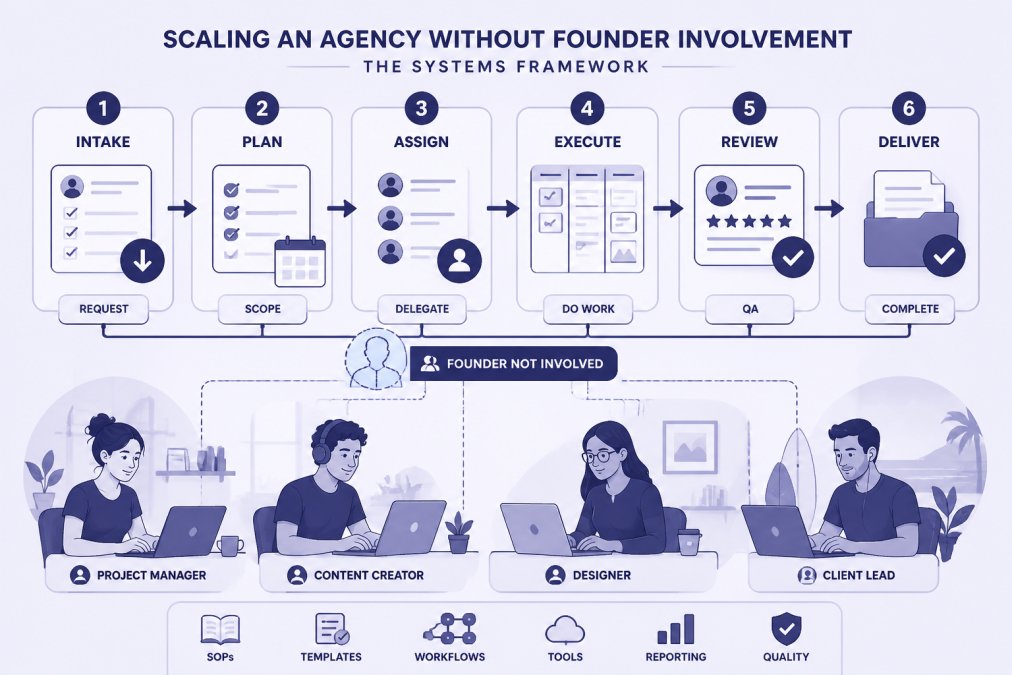 Agency team members collaborating on a project without the founder present, showing delegation and systemised workflow in action