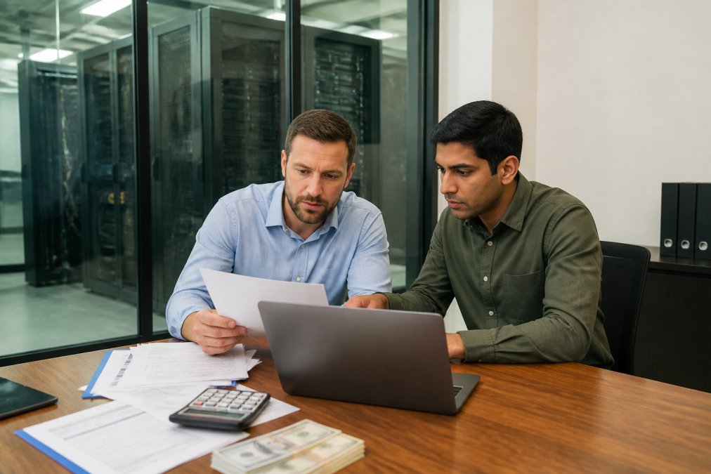 A business owner and IT consultant reviewing a fixed-rate server invoice on a laptop in a modern office, with a data center rack visible through a glass wall behind them