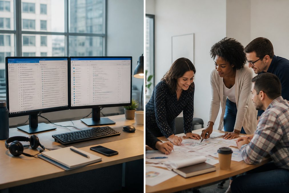 Sales professional at modern desk with dual monitors displaying email sequences and prospect data dashboard, phone headset nearby, afternoon office lighting
