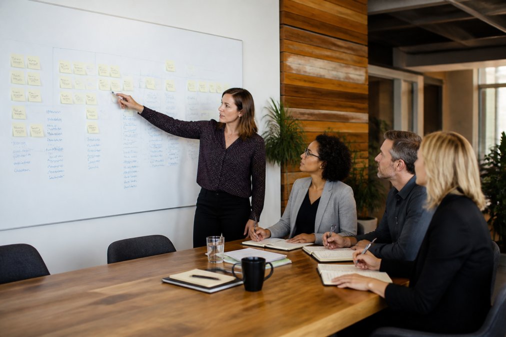 Sales team collaborating on a whiteboard to build a predictable revenue process for complex deals