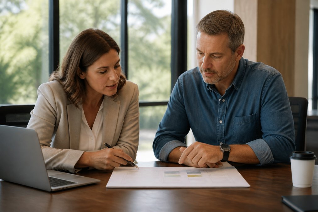 A business owner and a consultant reviewing a printed 90-day action plan together at a desk, with a laptop and coffee nearby, natural daylight from an office window