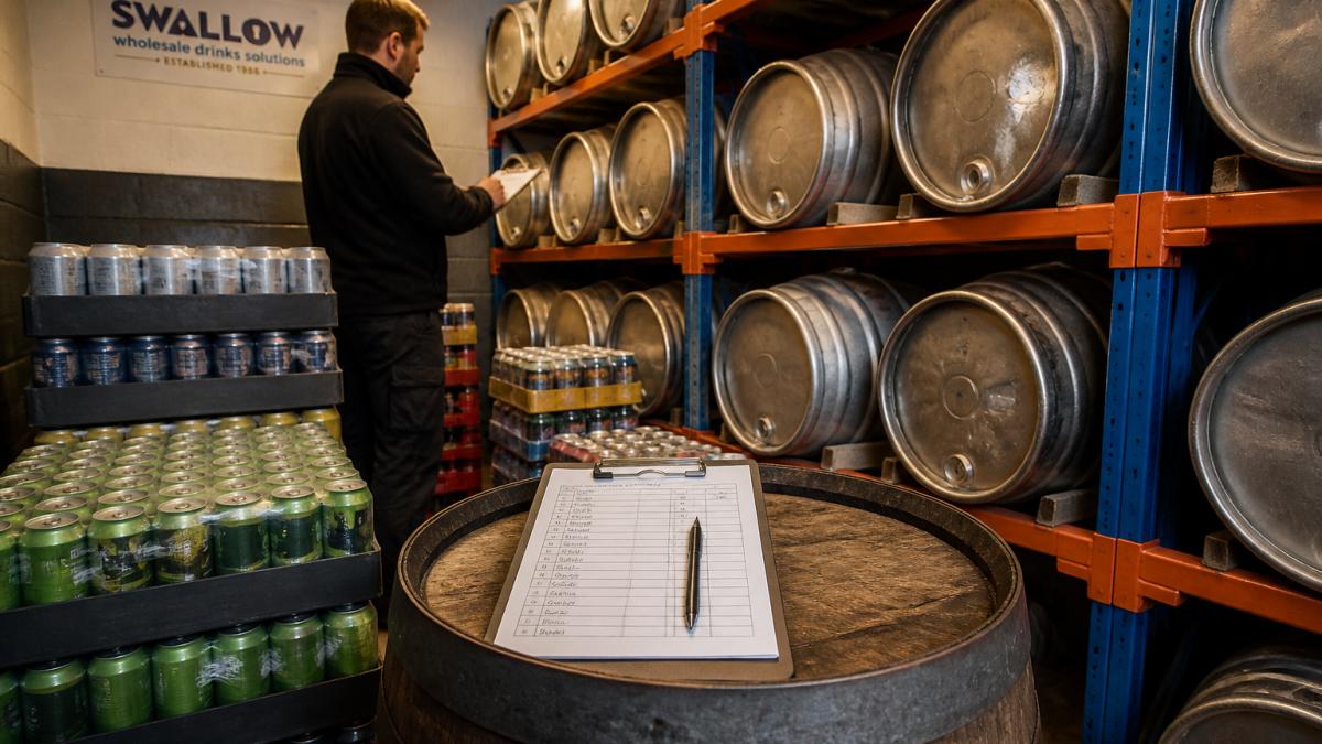 Neatly stacked kegs and crates of beverages in a pub cellar with a stock checklist resting on a barrel