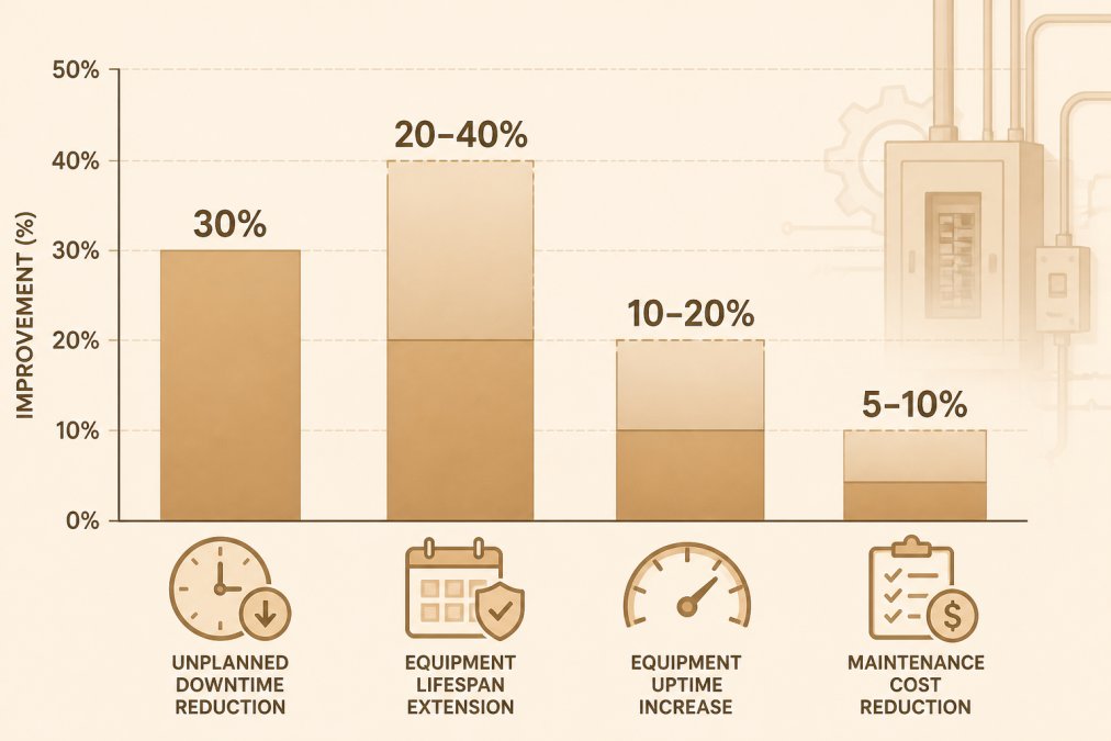 Bar chart comparing downtime reduction: 30% unplanned downtime reduction, 20-40% equipment lifespan extension, 10-20% equipment uptime increase, 5-10% maintenance cost reduction