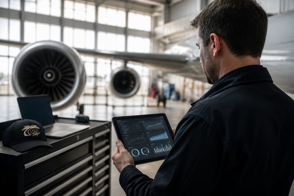 Aircraft maintenance technician reviewing sensor data and flight diagnostics on a tablet computer in a modern aircraft hangar, with jet engines visible in the background and natural light streaming through large windows