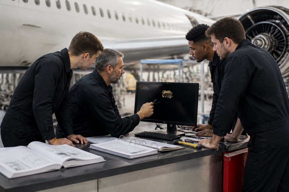 Maintenance team gathered around a computer workstation displaying flight data, system diagnostics, and maintenance schedules in a modern aircraft maintenance facility, with technical manuals and tools visible on adjacent surfaces