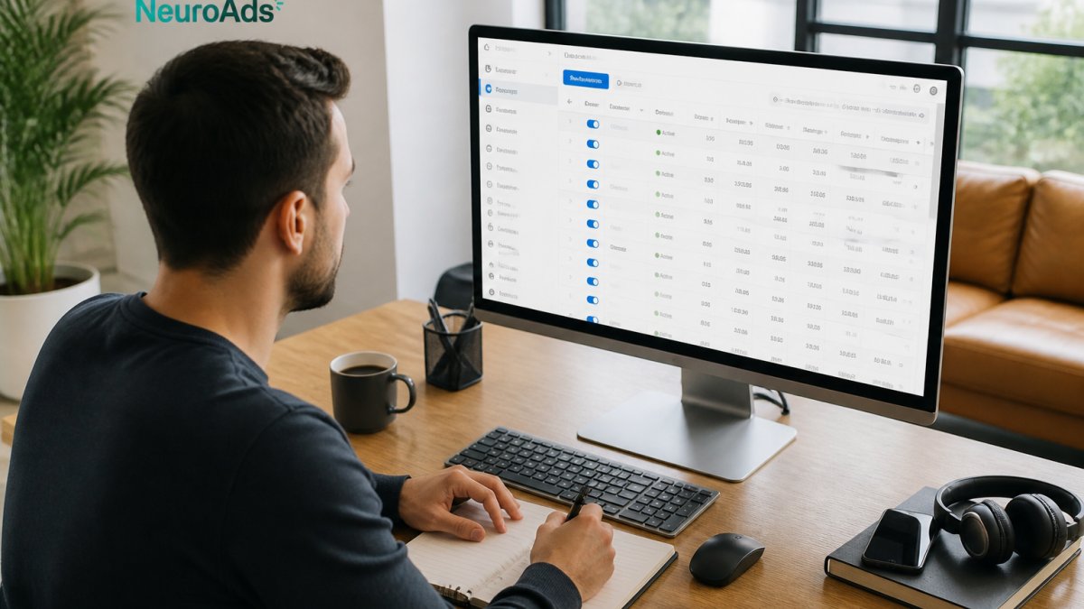Media manager reviewing predictive targeting settings on a monitor in a bright modern office