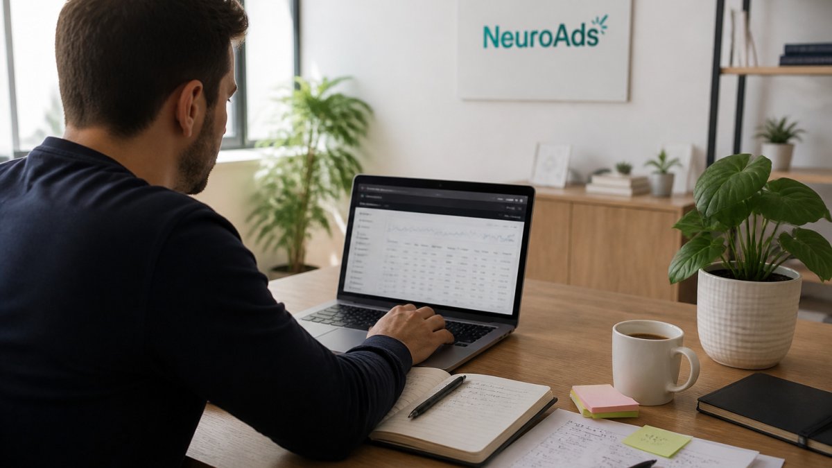 Paid media manager reviewing predictive targeting dashboards on a laptop in a bright modern office