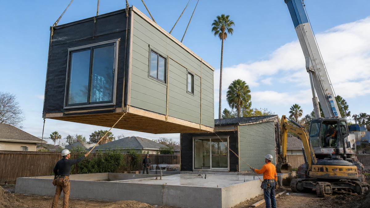 A crane lowering a prefabricated ADU module onto a concrete foundation in a residential backyard, construction crew members guiding the placement with ropes, a partially assembled unit and a small excavator visible, bright afternoon light