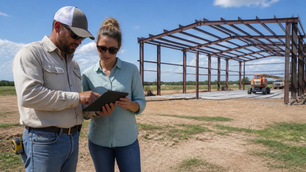 A contractor and a homeowner reviewing building plans on a tablet at a rural South Texas property, with a partially erected steel frame visible in the background under a clear sky
